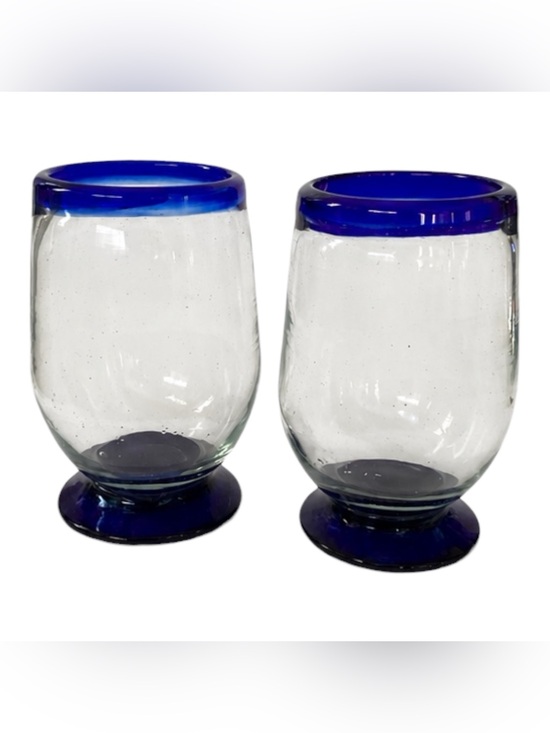 Other - Vintage Mexican Hand Blown Cobalt Blue Rim Footed Snifter Glasses Set of 2